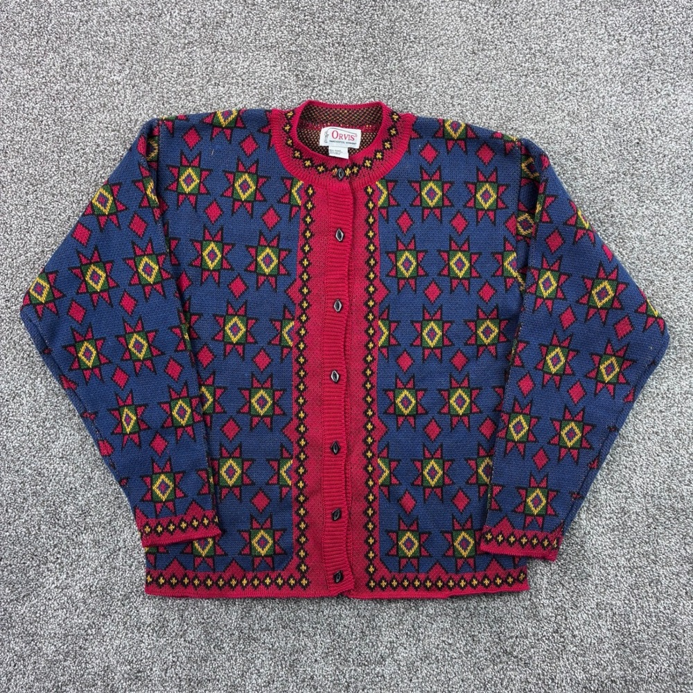 Vintage Orvis Cardigan Sweater Women's Medium Blue Red Sun Geometric Star Knit